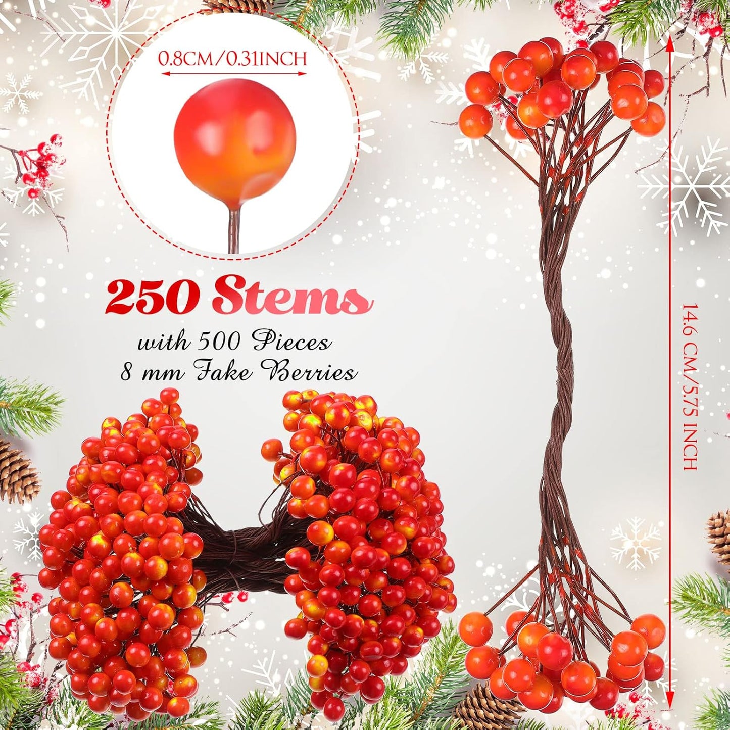 250 500 8 mm BBTO Artificial Holly Berries on Wire Stems, Stems with Pieces Fake Berries for Christmas Tree Decorations