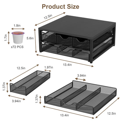 Coffee Pod Holder For Counter, 3 Pull-Out 72 K-Cup Holder Drawer, Wooden Cafe Pods Storage Organizer with Sliding Drawers for Coffee Station, Home, Kitchen, Office, Dorm (Black)