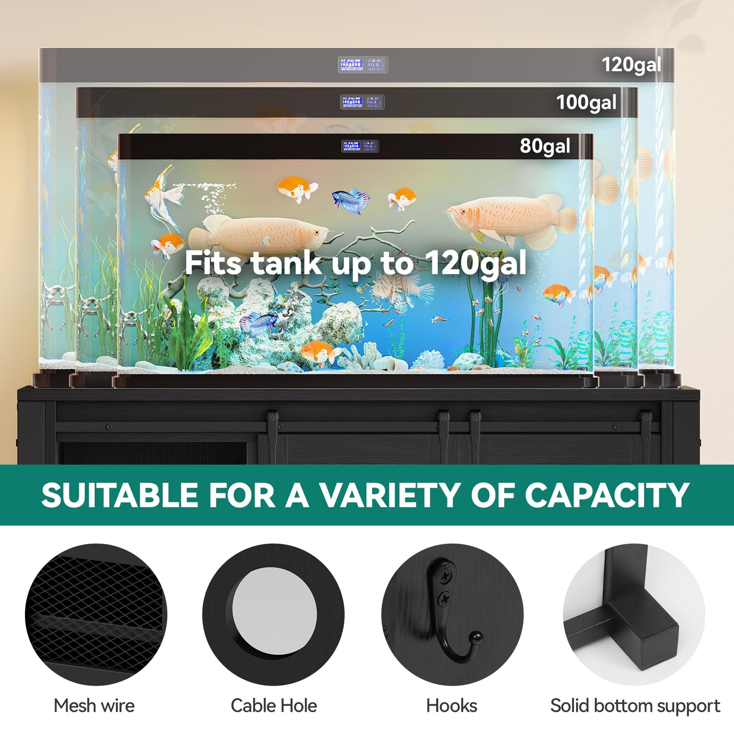 YITAHOME 120 Gallon Fish Tank Stand with Power Outlets, Heavy Duty Large Aquarium Stand with Barn Door, Reptile Tank Turtle Terrariums Table for Fish Tank Accessories Storage,1100LBS Capacity