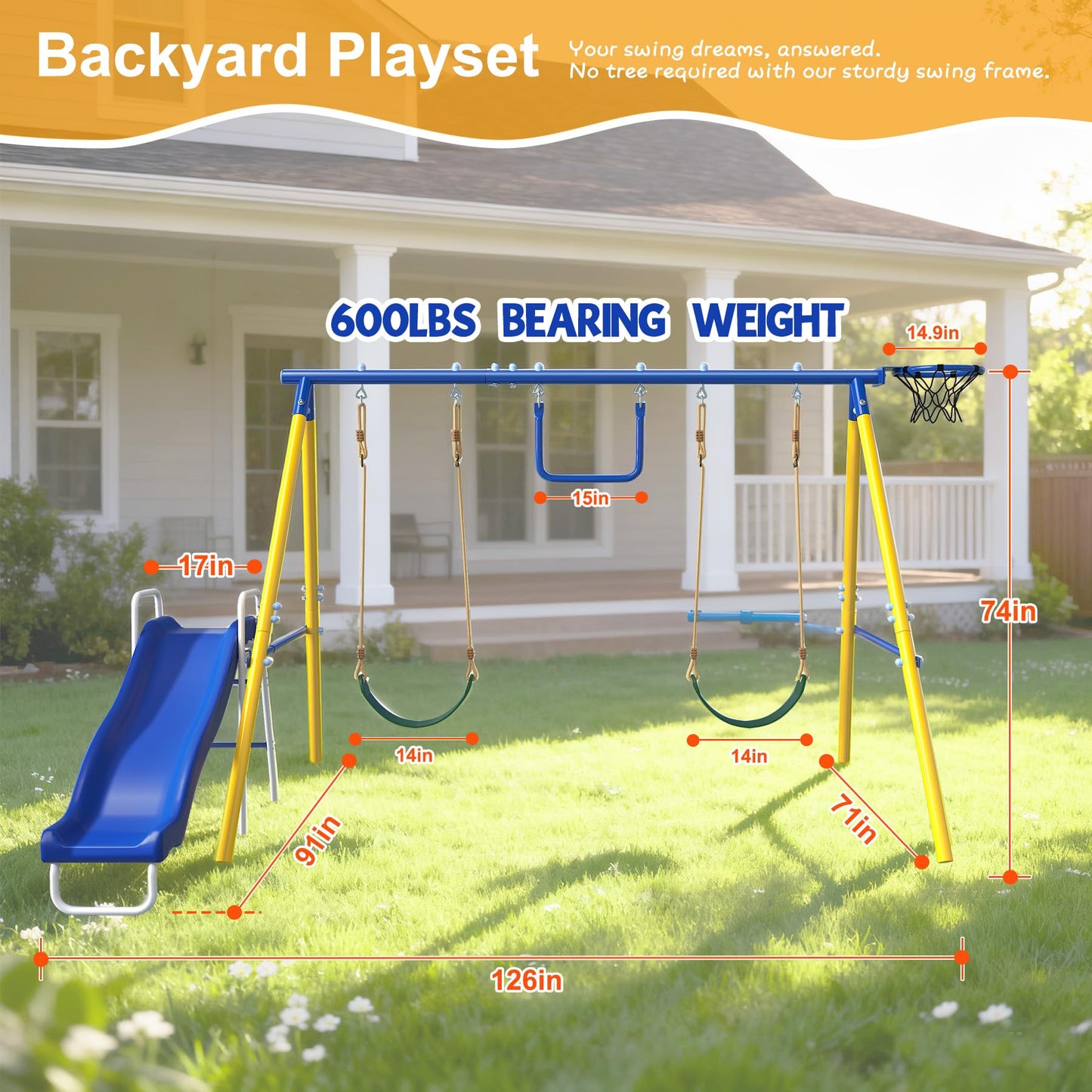SMkidsport Heavy-Duty 5-in-1 Metal Swing Set for Backyard, Outdoor Playset for Kids 3-12 with Slide, 2 Swings, Basketball Hoop & Gymnastic Rings, Easy Assembly
