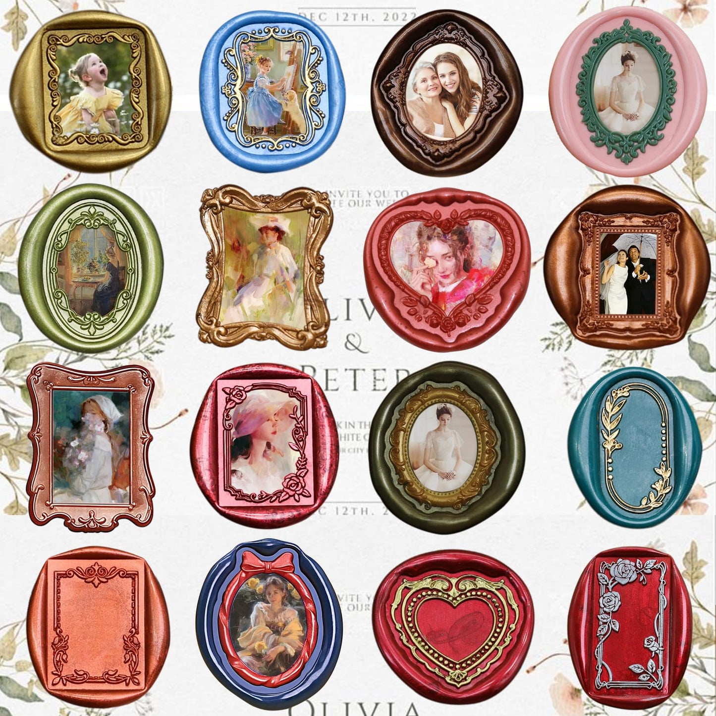 Andotopee 6-in-1 Vintage Embossed Frame Wax Seal Stamp Kit- Rectangle & Oval & Heart 3D Relief Photo Frame Seal Stamps with Wood Handle, Retro Sealing Wax Stamp for Wedding Invitations, Letters