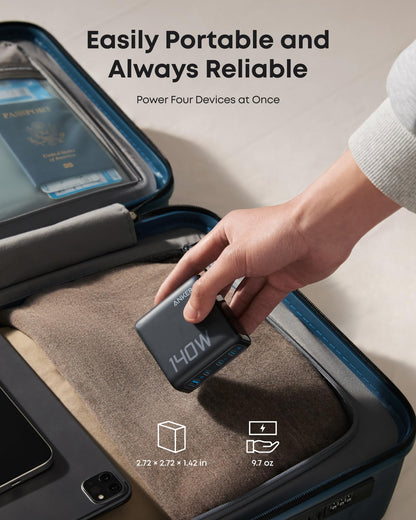 Anker Laptop Charger, 140W MAX USB C Charger, 4-Port Multi-Device Fast Charging, Advanced GaN Power Adapter, Intuitive Touch Controls, for MacBook, iPhone 16 Series, Samsung Galaxy, Pixel, and More