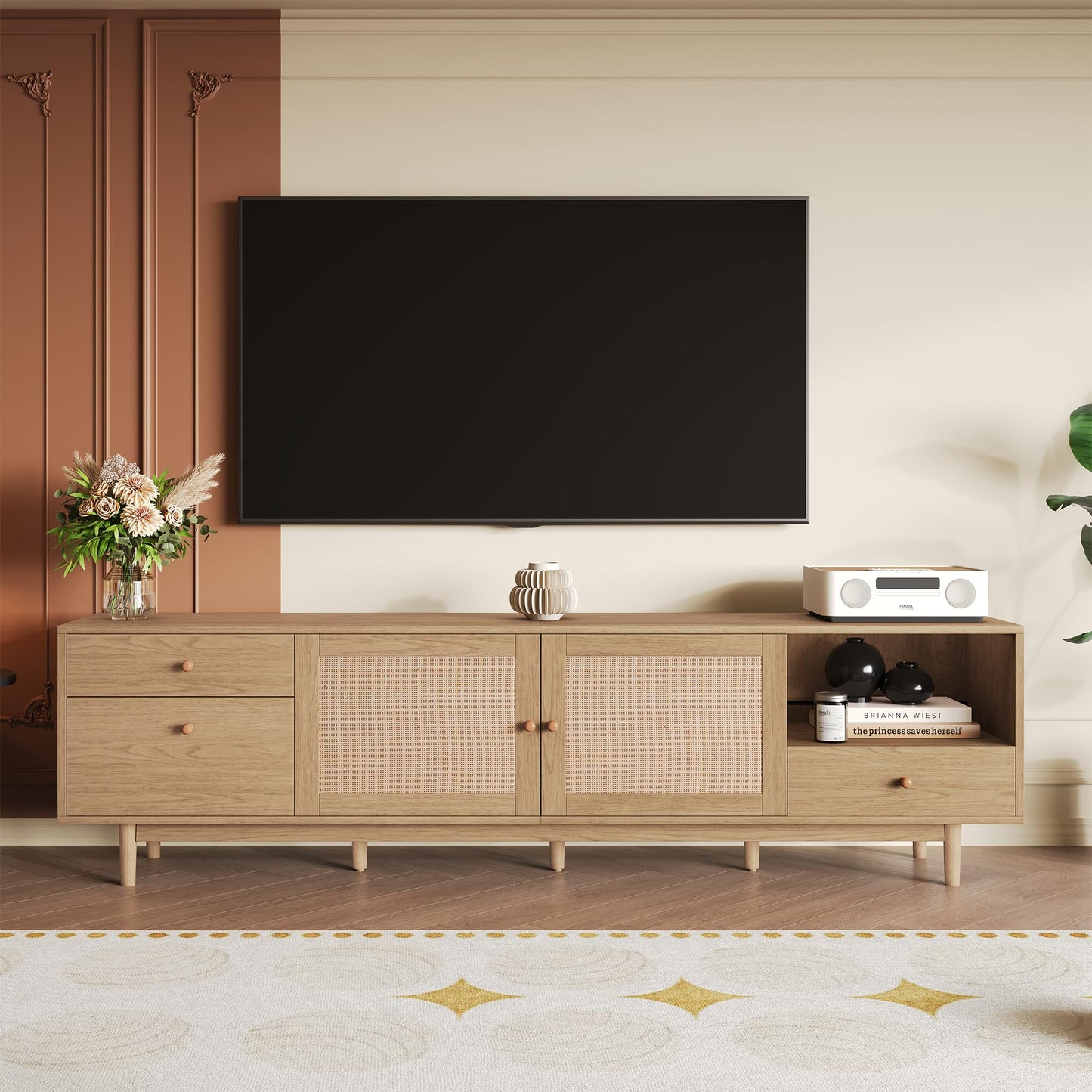 Ball & Cast 76" Boho TV Stand for TVs up to 85", Media Console with Real Rattan Doors, Open Shelf, 3 Drawers & 2 Cabinets, Natural Wood Grain Entertainment Center w/Solid Wood Legs for Living Room