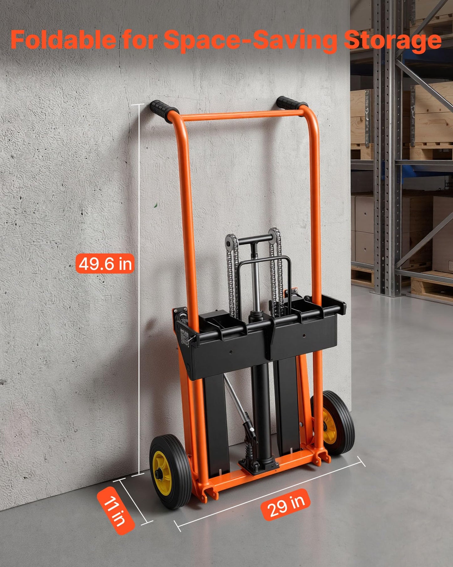 VEVOR Hydraulic Material Lift Winch Stacker, 450 lbs Load Capacity, 39.4'' Max Lifting Height, Pallet Truck Dolly with Fork Lift Table, Foldable & Portable Pallet Jack Table Cart, Orange & Black