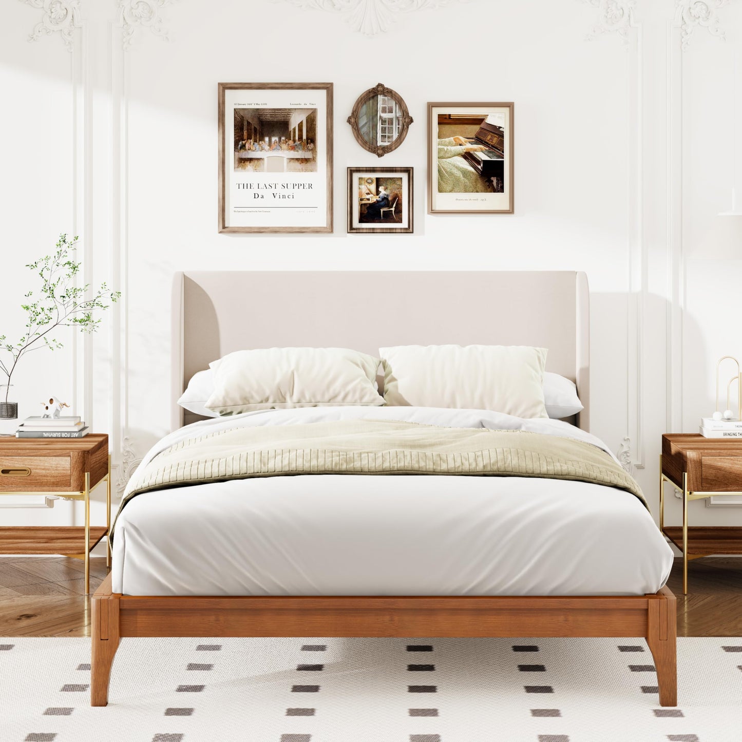 GDFStudio Ceyety King Size Wingback High Headboard, Upholstered Linen Fabric Headboard, Bamboo Wood, Easy Assembly, 48''H, Tan
