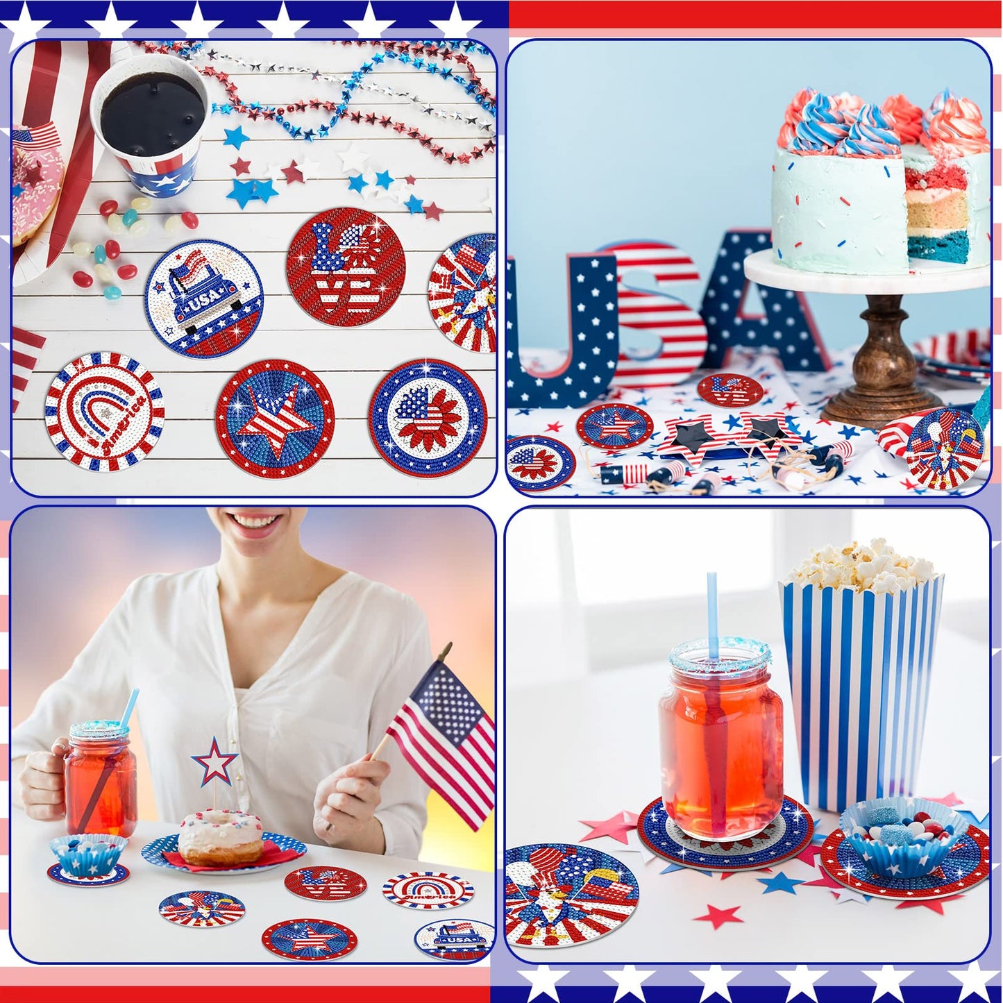 Shellwei 8 Pcs 4th of July Patriotic Diamond Painting Coasters Memorial Day USA Star Diamond Art Coasters with Holder 250th Anniversary Painting Kits Independence Day Decors for Adults DIY Craft Gift