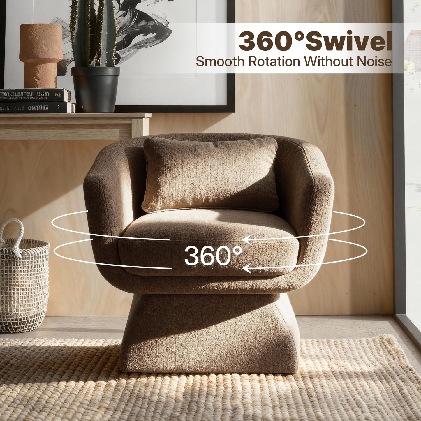 DEECUS. Modern 360° Swivel Accent Chair with Armrest & Curved Back, Soft Cushioned Barrel Lounge Chair (Otter)