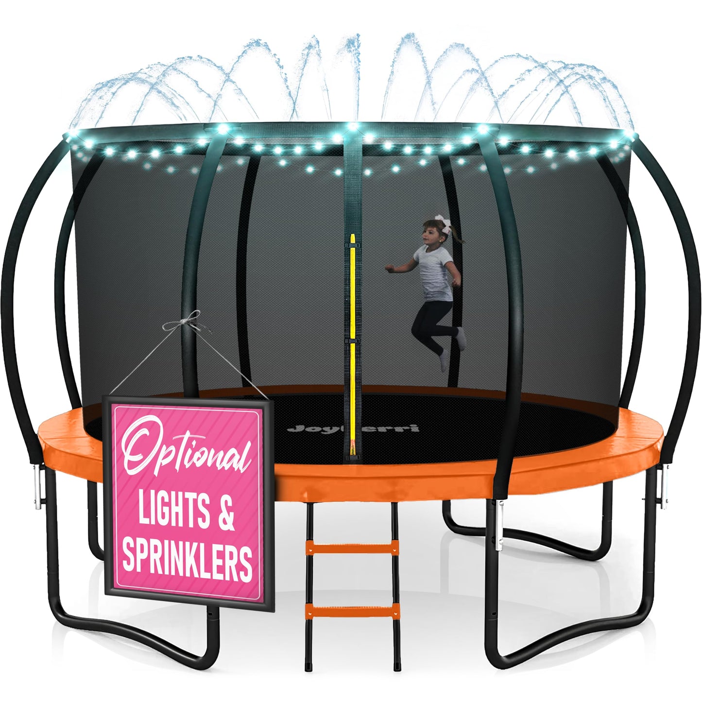 JoyBerri Trampoline Outdoor - Upsurge ASTM Certified Safe 8Ft 10Ft 12Ft 14Ft 15Ft 16Ft Recreational Trampoline for Kids and Adults. Anti-Rust Coating with Enclosure Net, Ladder, Sprinkler & LED Lights