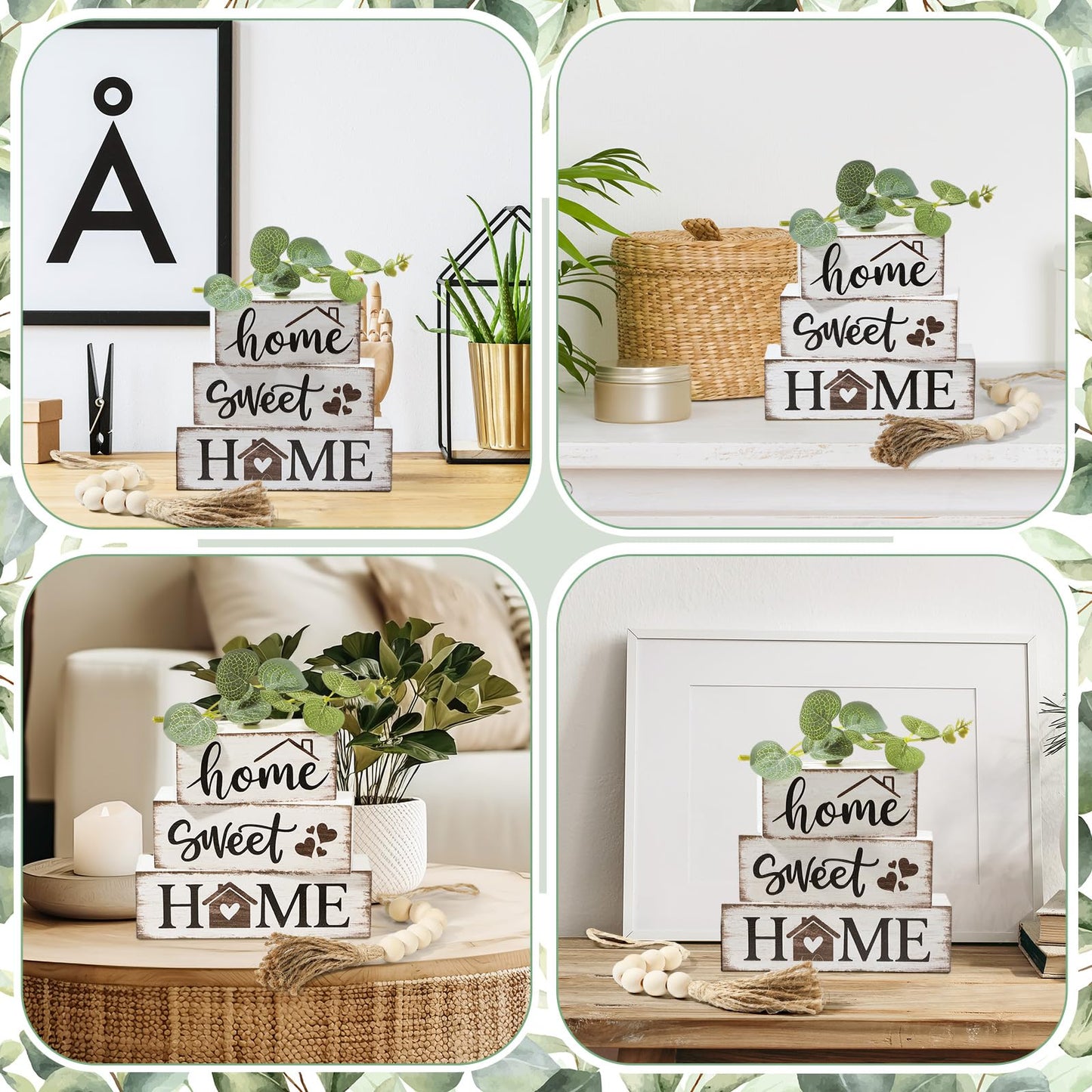 Yousoontic 5 Pcs Farmhouse Wooden Table Decor Rustic Tiered Tray Decor Neutral Block Sign Centerpiece with Bead Garland Faux Eucalyptus Leaves for Home Sweet Kitchen Entryway Living Room Shelves