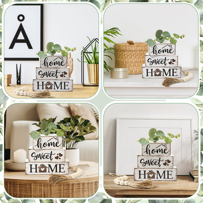 Yousoontic 5 Pcs Farmhouse Wooden Table Decor Rustic Tiered Tray Decor Neutral Block Sign Centerpiece with Bead Garland Faux Eucalyptus Leaves for Home Sweet Kitchen Entryway Living Room Shelves