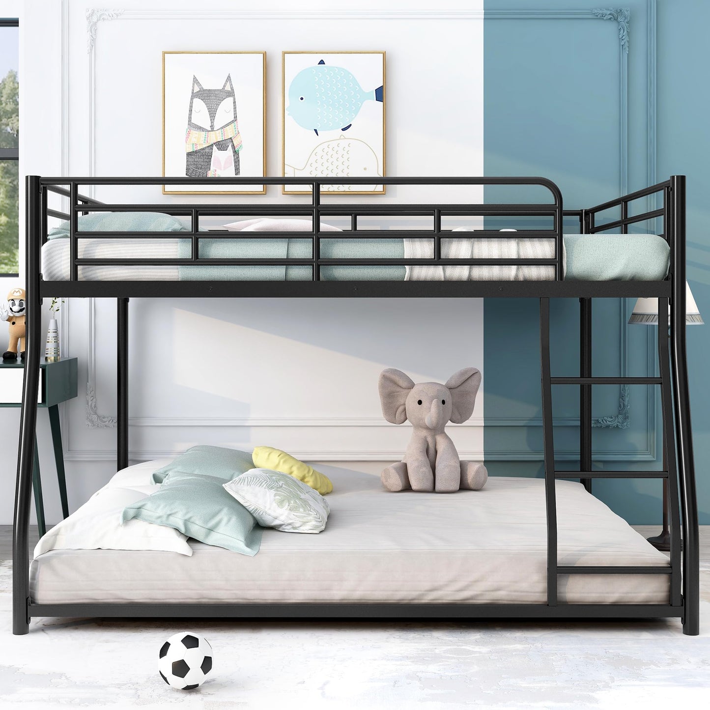 Bellemave Metal Full XL Over Queen bunk Bed, Floor Twin XL Over Queen Bunk Bed Frame with Ladder and Guardrails,Black no slats