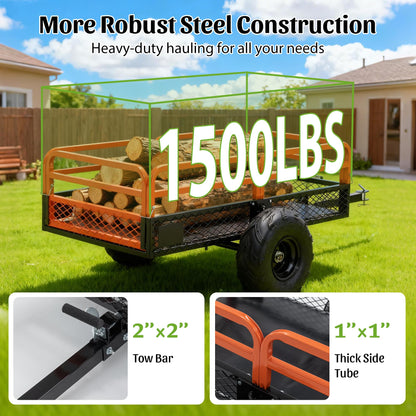 1500LBS Capacity 15 Cubic Feet Dump Cart Trailer, Heavy Duty Tow Behind Hauling Wagon with Dual Control Dumping for ATV UTV, Lawn Tractor and Garden Use