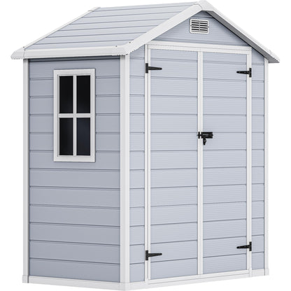 DWVO 6x4 FT Outdoor Resin Storage Shed with Reinforced Floor, All-Weather Bike Storage Shed with Lockable Door, Window and Vent, Waterproof Plastic Tool Storage for Garden, Backyard, Patio, Lawn