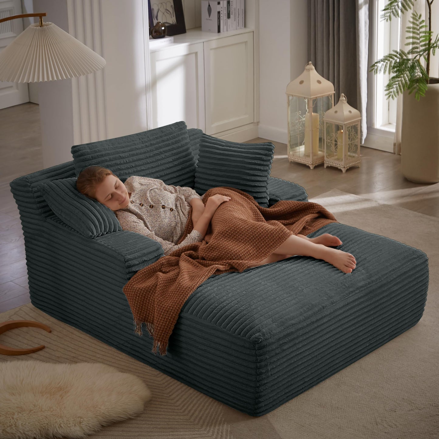 49.2"W Oversized Chaise Lounge Chair Indoor,Comfy Boneless Reading Chair with 3 Pillows, Luxurious Corduroy Fabric Single Cloud Sofa Chair for Living Room & Bedroom,No Assembly Required,Dark Grey