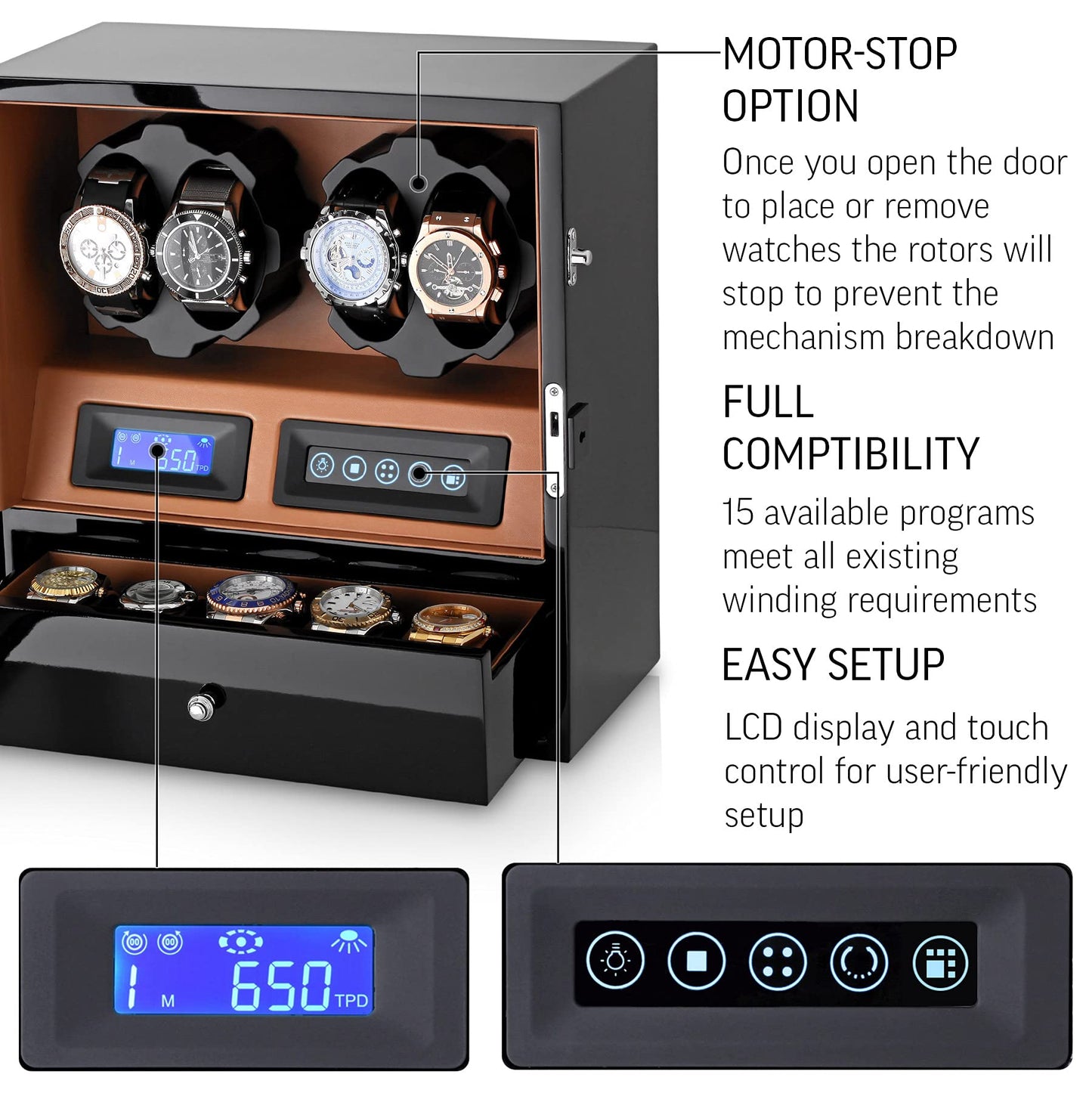 4 Watch Winder with 5 Watch Storage Space, LCD Display, Touch Control and Interior Light (Black + Brown)