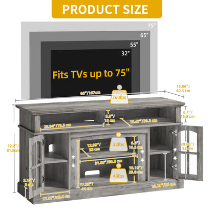 DWVO Farmhouse Television Stand for 75 Inch TV w/Outlets, LED Modern Entertainment Center with Glass Doors and Adjustable Storage Shelves, Media Console TV Cabinet for Living Room, Grey