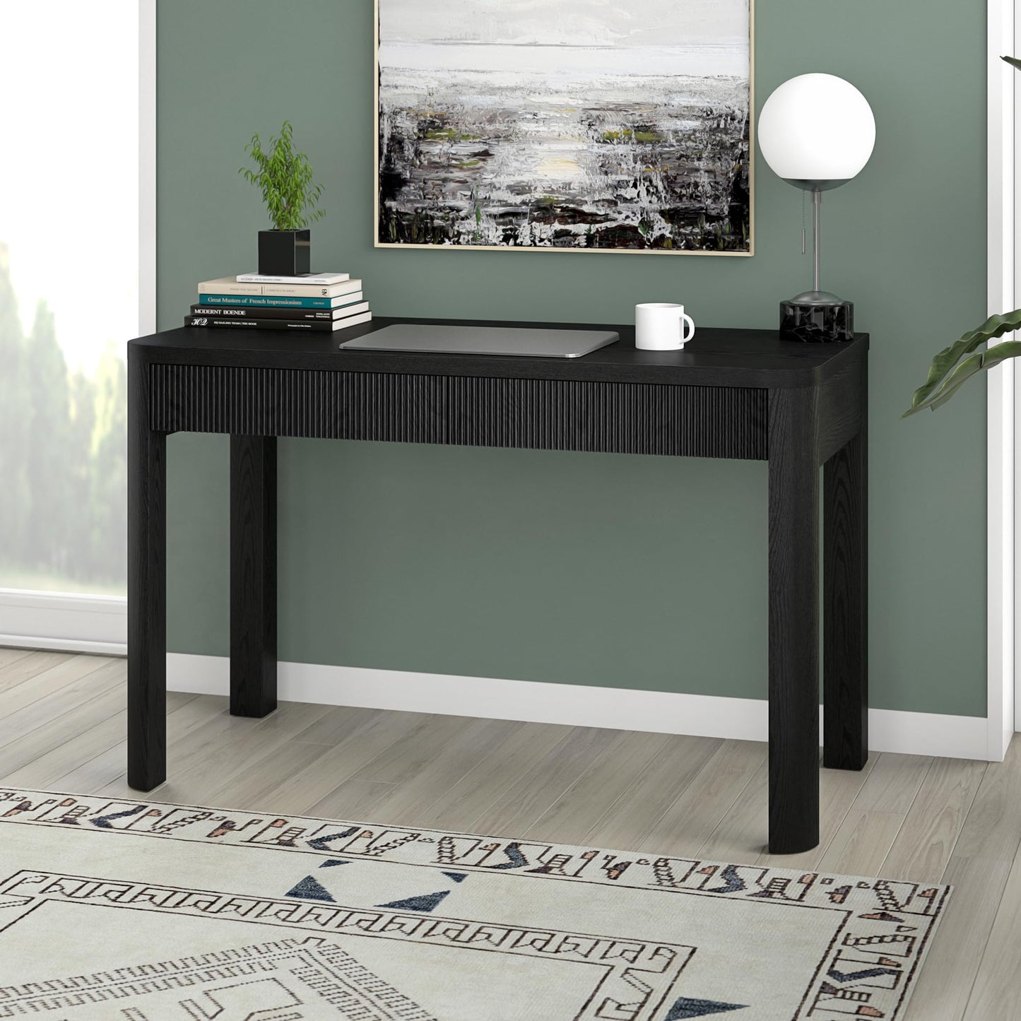Henn&Hart 48" Fluted Modern Rectangular Wooden Home Office Desk Computer Desk Writing Table with 2 Ribbed Storage Drawers for Bedroom, Living Room, or Home Office, Natural Black