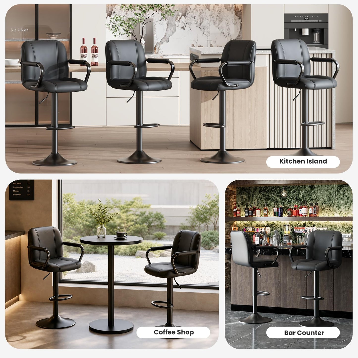 MALOL Set of 4 Kitchen Bar Stools with Armrest and Back - Sillas para Barra de Cocina, Adjustable Barstools for Island Counter, Bar Chairs, Bancos para Barra de Cocina, Black Finish