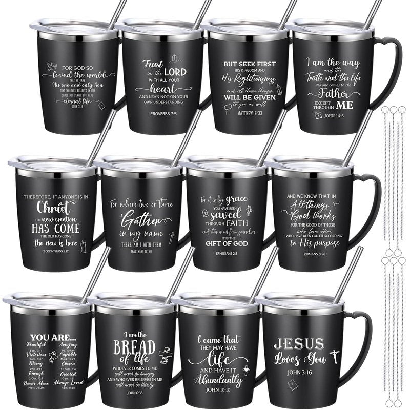 Widecook 12 Pcs Christian Coffee Mugs with Lid and Straw Bible Verse Mother's Day Religious Gifts Tumbler 12 oz Stainless Steel Insulated Inspirational Tumbler for Church Women Men(Black)