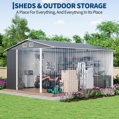 GarveeLife 12 X 10 ft Outdoor Storage Shed, Metal Garden Sheds & Outdoor Storage with Updated Frame Structure, Backyard Garden Terrace Tool Shed for Backyard, Lawn, Patio, Bike Storage, Gray