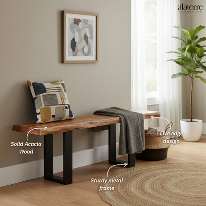 Alaterre Furniture Alpine Solid Wood Entryway Bench - 48 Inch Industrial Modern Bedroom Bench with Live Edge and Metal Legs - Furniture for Entryway, Dining Room, Kitchen, or Bedroom