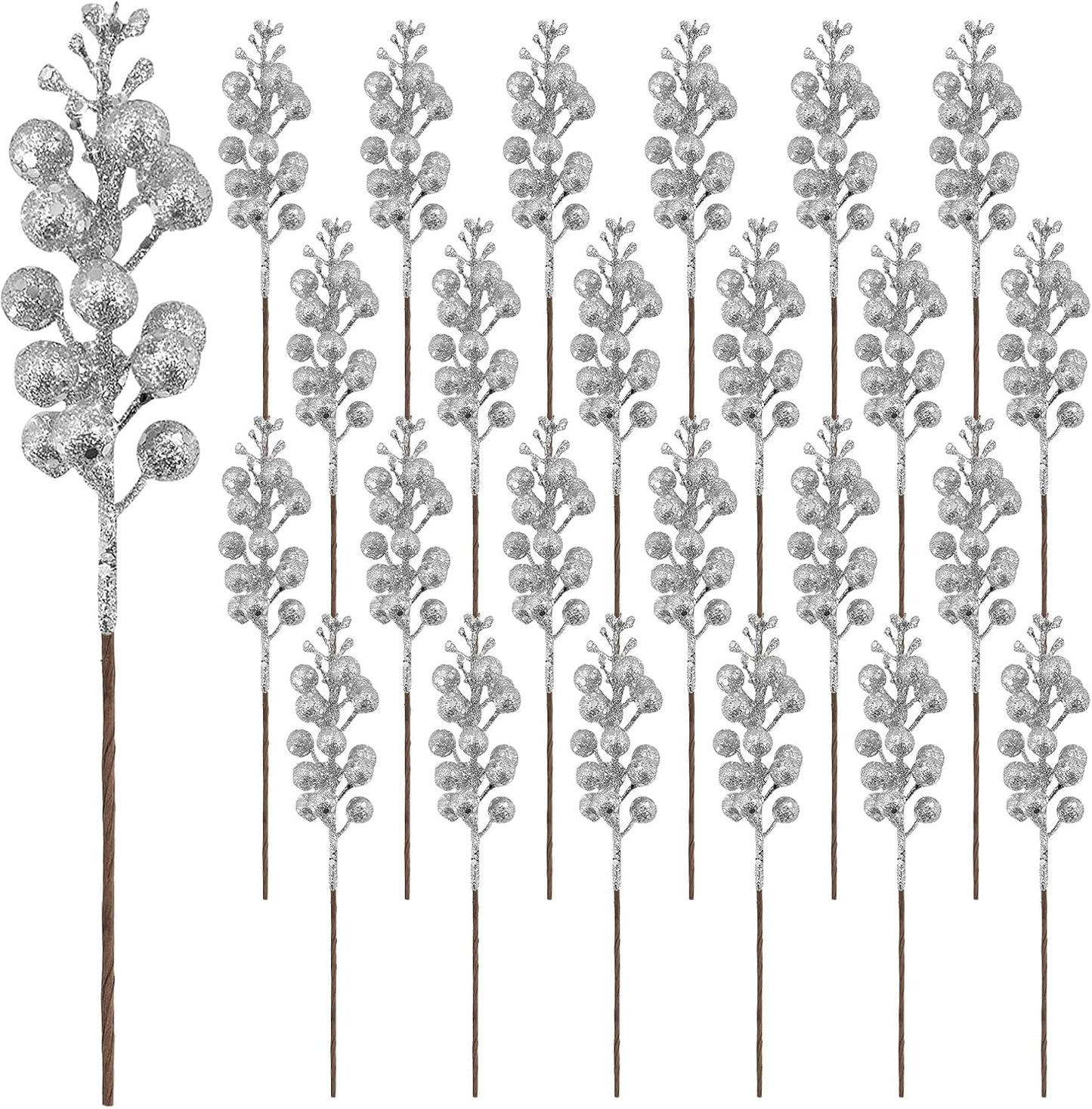 24 Pack 9 Inches 15 (24, 9 Inch) Glitter Artificial Berry Stems, Berries per Stem, Christmas Tree Picks Ornaments, DIY