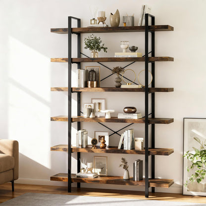 EPLICEMR 6 Tier Bookshelf 2 PCS, 80" H Heavy Duty Bookshelf,120lbs Shelf Capacity, 47" W Wood Industrial Bookshelf, Rustic Open Reinforced Horizontal Shelves for Living Room,Bedroom, Office