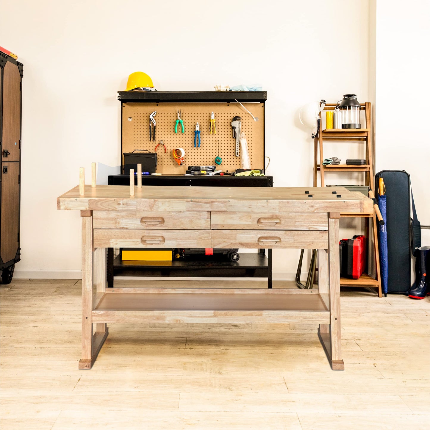 Olympia Tools 64.5” Rubber Hardwood Workbench with 4-Drawers & Clamp, 450 lb Capacity – Heavy-Duty Woodworking Storage, Tools Organizer, and Craftsman Standing Station Table for Workshop
