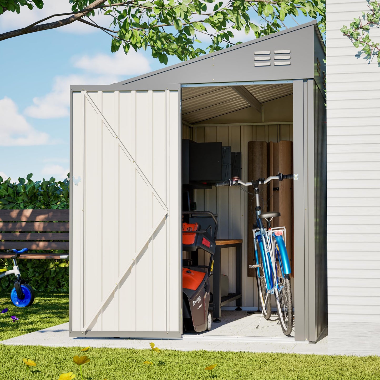 YOPTO 4x7 FT Outdoor Storage Shed Lean to Shed,Metal Shed W/Lockable Door & Air Vent,All Weather Waterproof Garden Tool House W/Reversible Installation,for Backyard,Patio,Lawn,Olive Gray