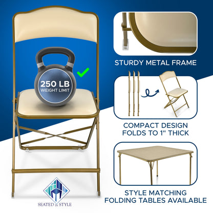 Premium Folding Chairs 4 Pack – Narrow 15” Seat, Padded Seat & Back – Folds Ultra Slim (~1 Inch) – Elegant Event Seating for Weddings, Parties & Dining Gold Frame Almond Vinyl