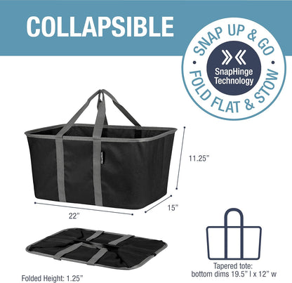 CleverMade Collapsible Laundry Tote, Midnight Black/Shadow Gray 2PK, 50L Collapsible Laundry Baskets with Long Carry