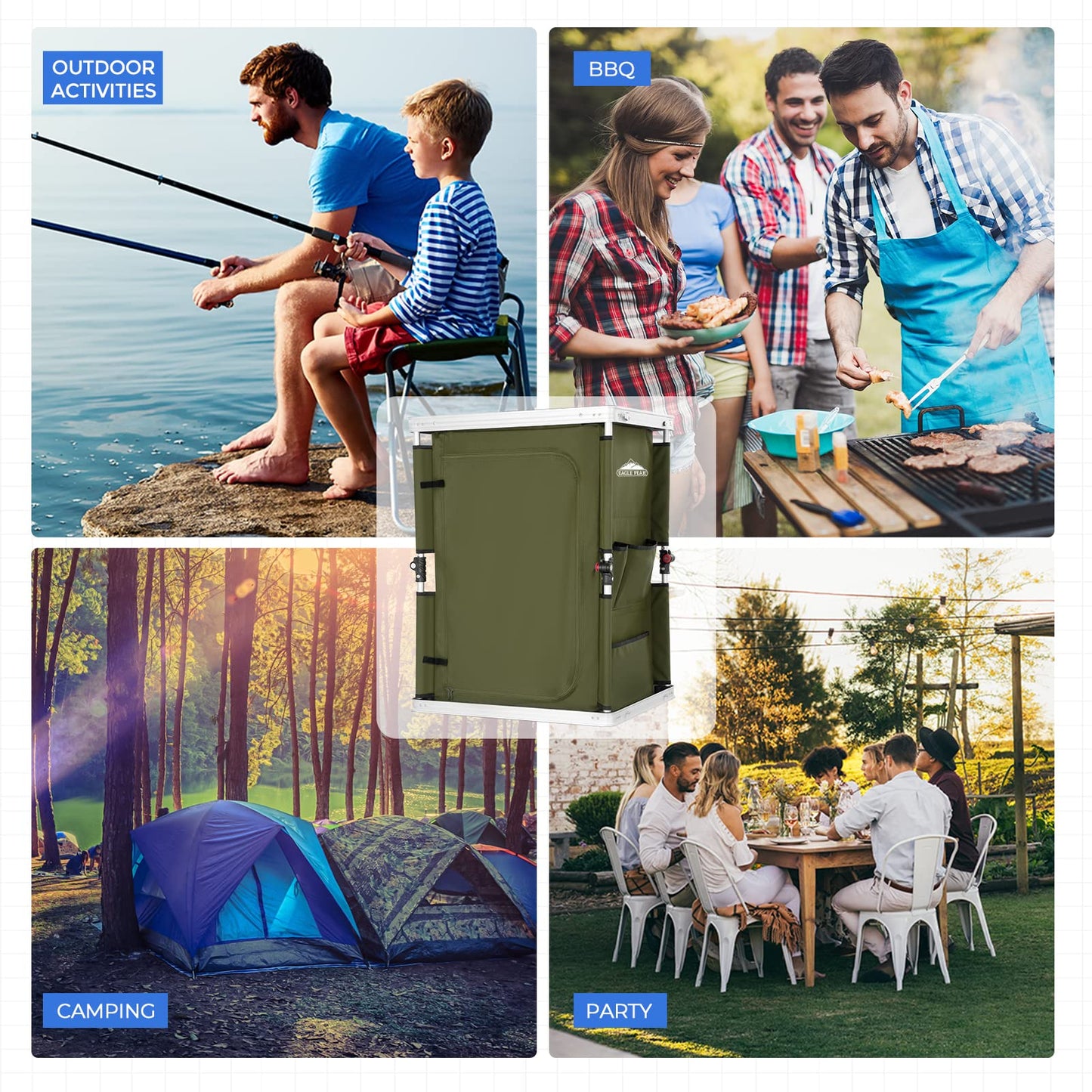 EAGLE PEAK Outdoor Folding Camping Table with Large 3-Tier Storage Organizer and Side Pockets, Easy Set Up Portable Aluminum Camping Kitchen, Green