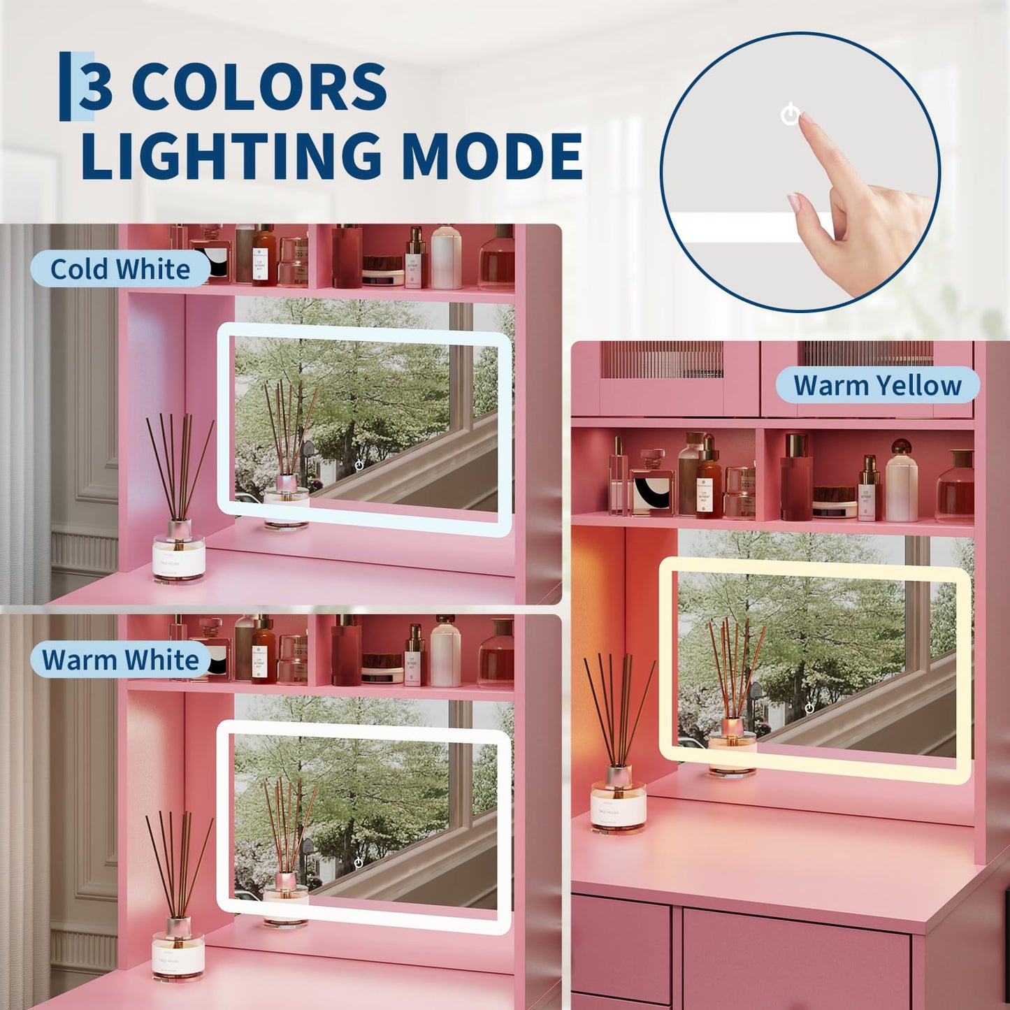Garvee 3 in 1 Vanity Desk with LED Light, Tall Makeup Vanity Set with 2 AC Outlets & USB-c, Dressing Table with Drawers & Acrylic Doors, Nightstand Vanity Mirror, Jewelry Box, Cushioned Chair, Pink