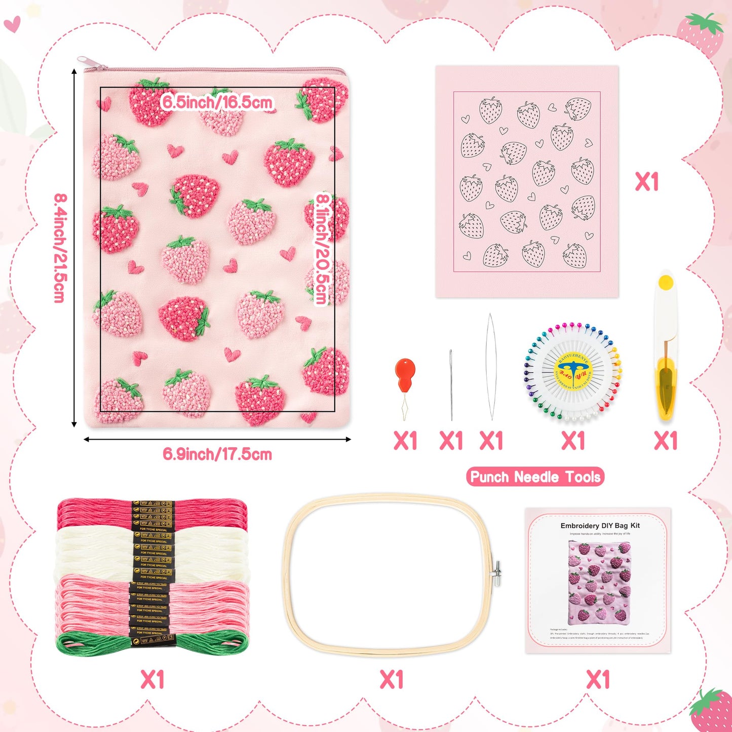 Fiupan All-in-One Strawberry Embroidery Kit - DIY Craft Kit with Thread, Fabric & Needles, Pink Embroidery Pouch for Tablet E-Reader Sleeve, Creative Birthday Gifts for Beginners（6-6.8 Inch）