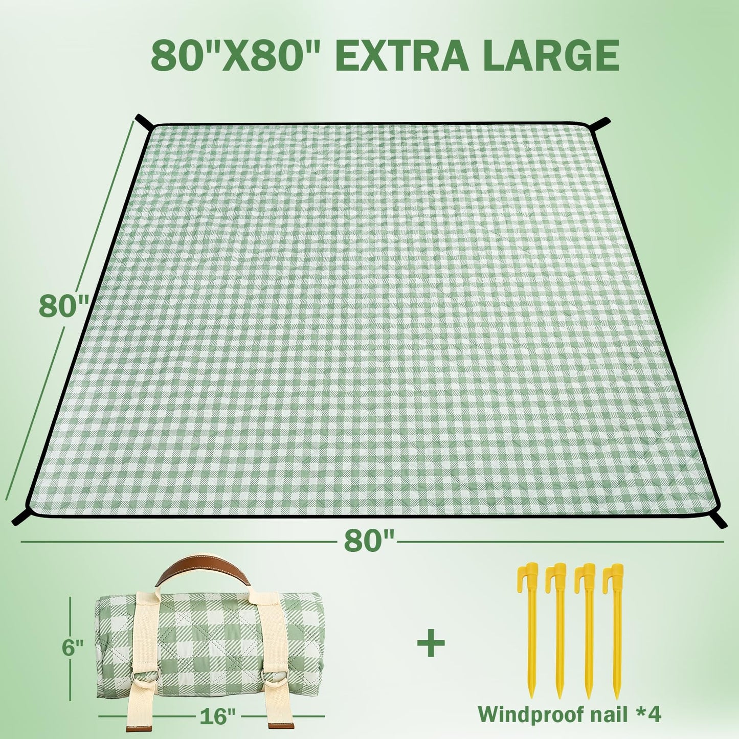 Extral Large Outdoor Waterproof Picnic Blanket With Shoulder Strap, 80"X80" 3-Layer Windproof Foldable Picnic Mat with Corner Nails, Machine Washable, Camping, Lawn Park Grass, Travel, Beach, Green