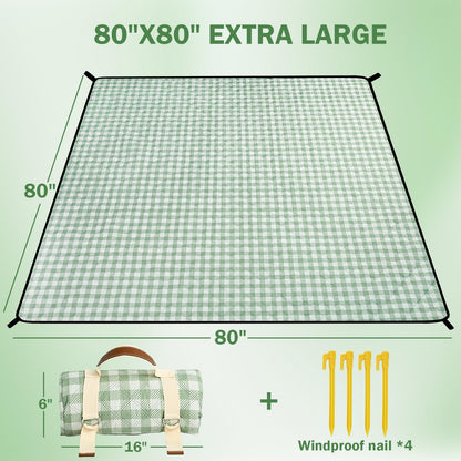 Extral Large Outdoor Waterproof Picnic Blanket With Shoulder Strap, 80"X80" 3-Layer Windproof Foldable Picnic Mat with Corner Nails, Machine Washable, Camping, Lawn Park Grass, Travel, Beach, Green