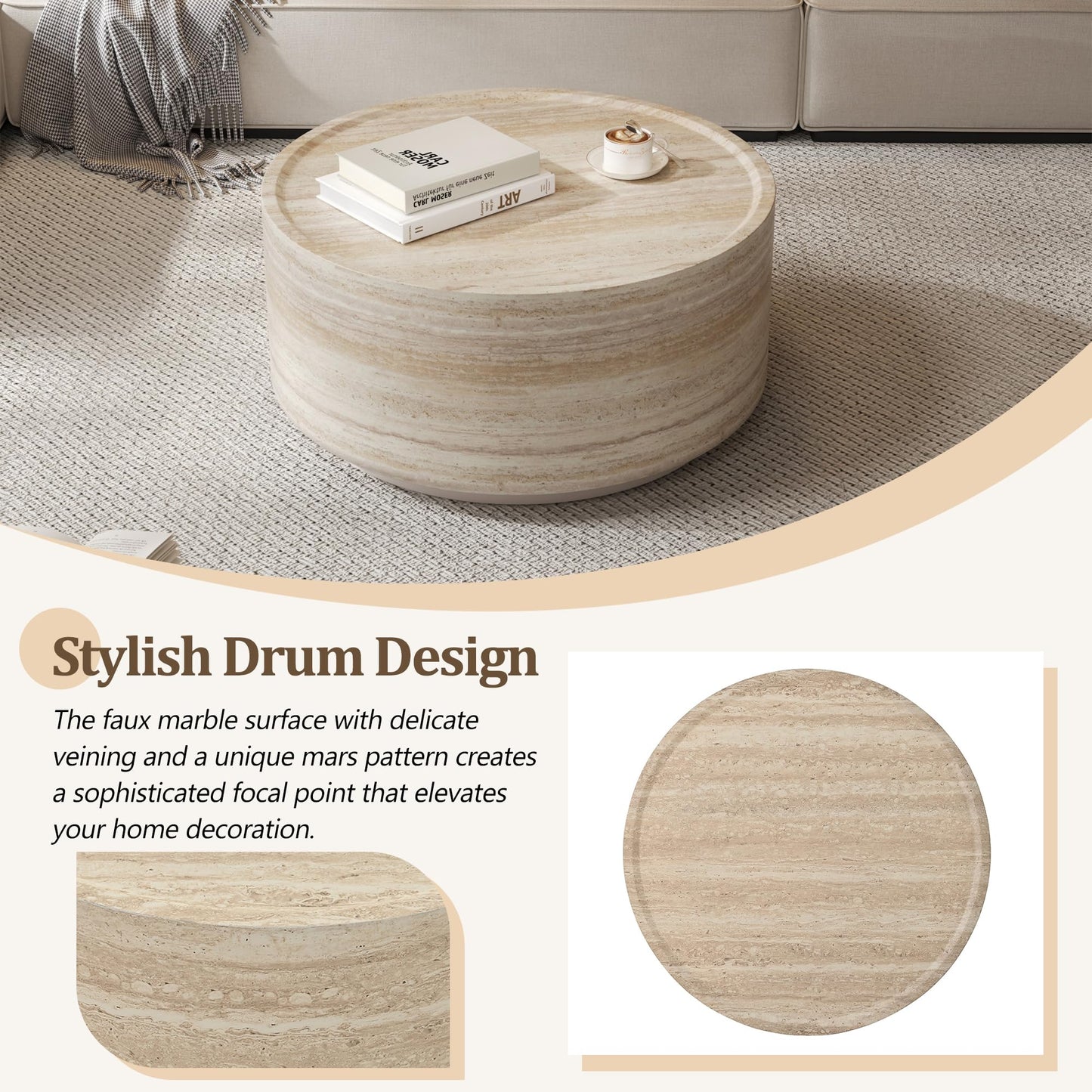 Merax 27.5" Round Coffee Table with Faux Luxury Marble Look, Drum Small Center Table with Strong Structure, Minimalist Mars Pattern End Table for Living Room, Bedroom, No Assembly Required, Beige