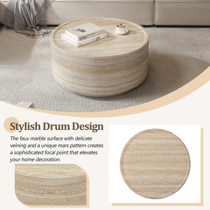 Merax 27.5" Round Coffee Table with Faux Luxury Marble Look, Drum Small Center Table with Strong Structure, Minimalist Mars Pattern End Table for Living Room, Bedroom, No Assembly Required, Beige