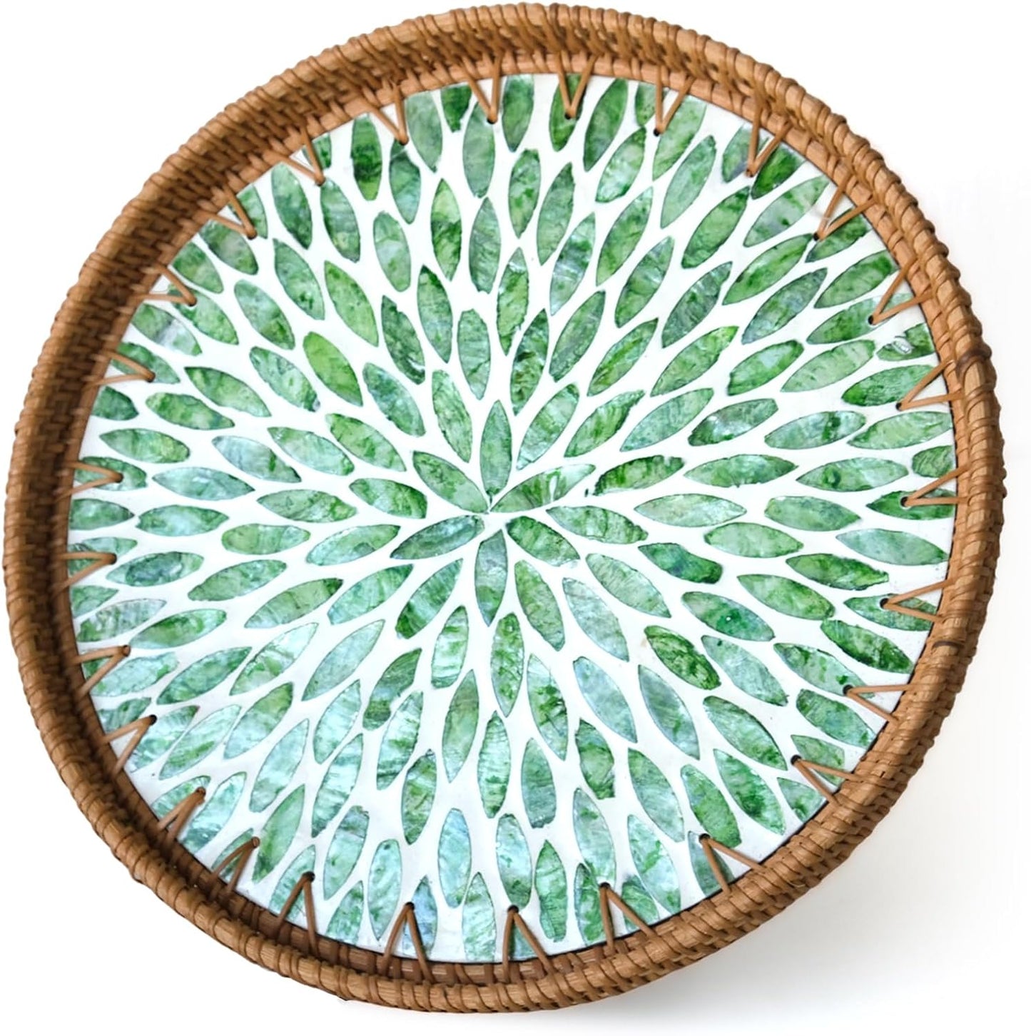 Round Rattan Tray with Mother of Pearl Inlay, Wicker Serving Tray Mother for Decor, Rattan Round Wicker Coffee Table