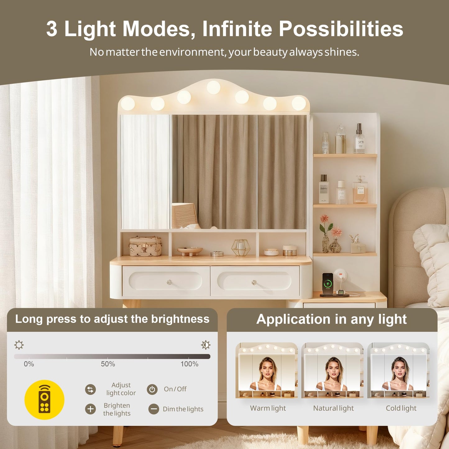 KEIKI Vanity Desk with Adjustable LED Lighted Mirror & USB Ports, Makeup Vanity Table Set with & Foldable 3-Sided Mirror & Large 5 Storage Drawers & Chest for Women and Girls Bedroom Dorm