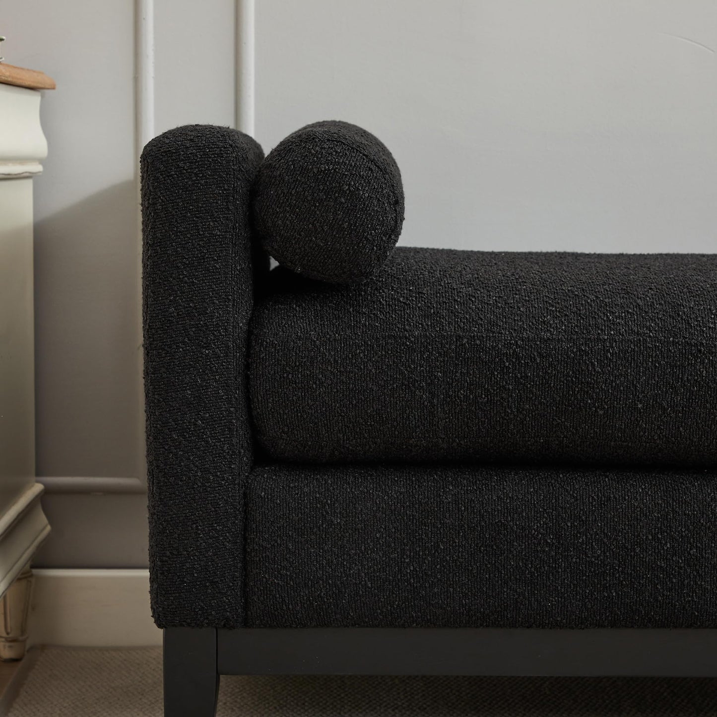 KEIKI Oversize Boucle Bench Ottoman with 2 Bolster Pillows & Wood Legs, Upholstered End of Bed Daybed Seating, Foot Rest Stool Furniture for Bedroom, Living Room, Entryway, Black