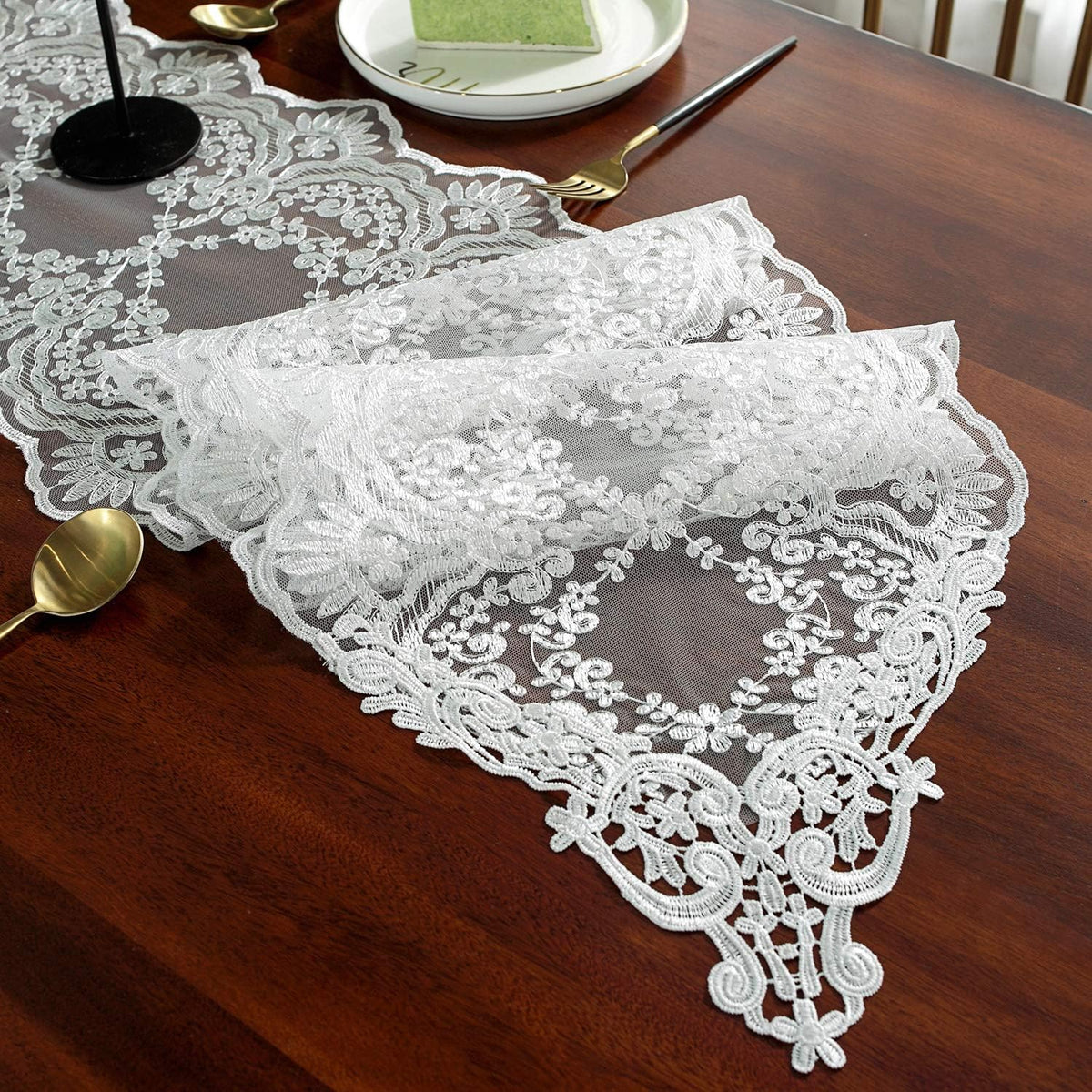 12"70") SUTAVIA Lace Patio Table Runner Embroidered Dresser Scarf, Classic Rectangular Macrame Tablerunner,for Kitchen