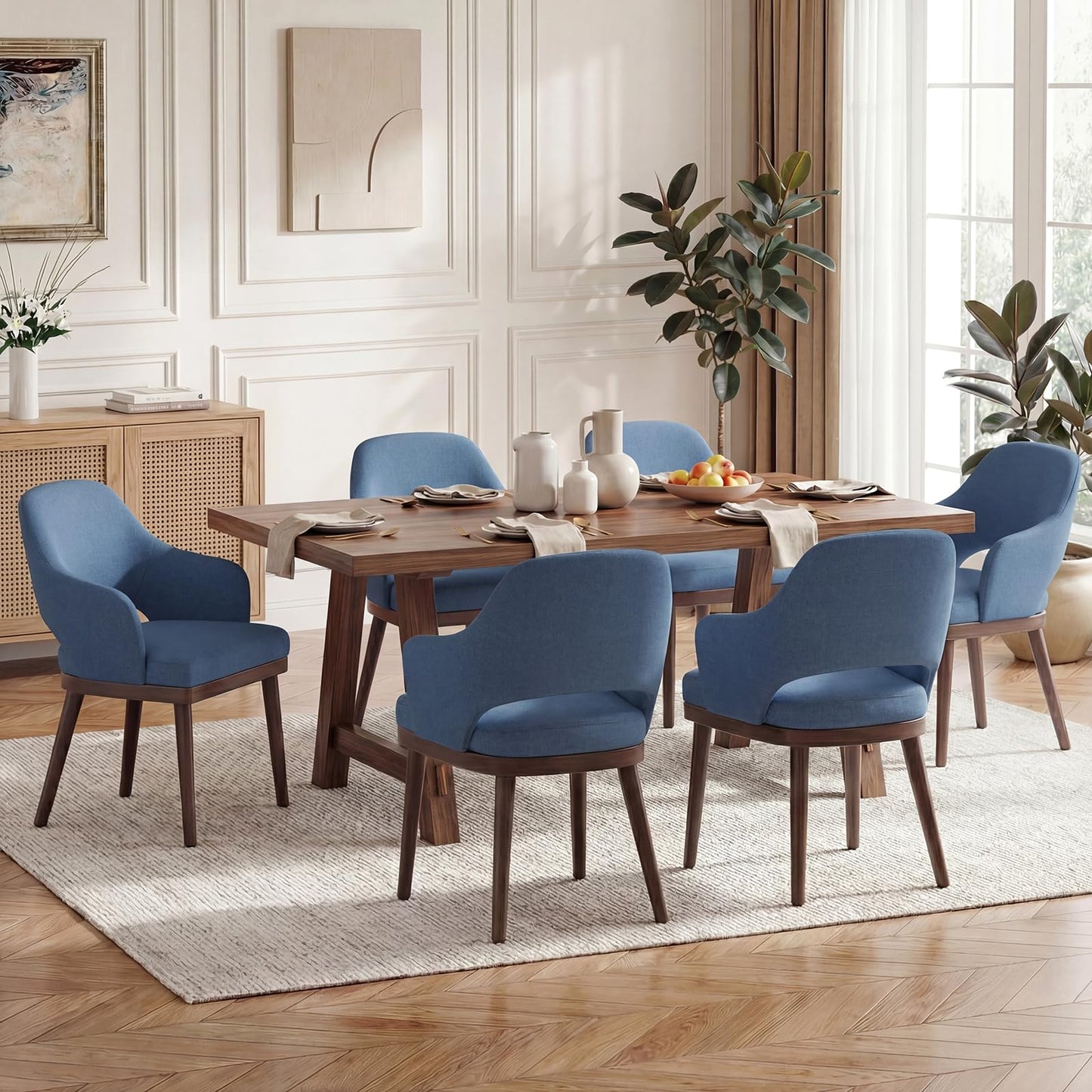 MALOL Wooden Dining Chairs Set of 6, Modern Fabric Upholstered Dining Room Chair, Kitchen Side Chairs, Farmhouse Dinner Chair with Open Back for Kitchen, Blue