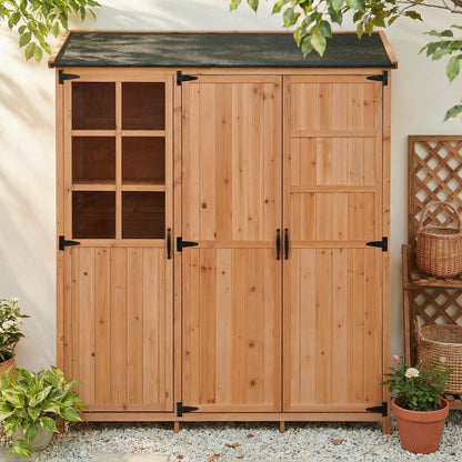 Merax Outdoor Wood Large Patio Garden Storage Shed with Waterproof Roof, 3 Doors Storage Cabinet with Workstation, 7 Storage Shelves, 2 Drawers and 6 Hooks for Backyard, Natural
