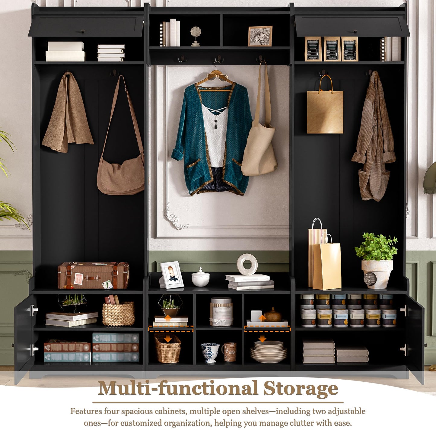 Merax Hall Tree with Shoe Storage, 4-in-1 Entryway Bench with Coat Rack & Adjustable Shelf & Top Storage for Hallway, Black