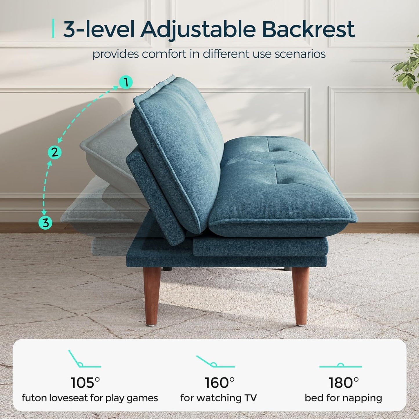 LINSY HOME Futon Sofa Bed, 70" Chenille Futon Couch with Adjustable Backrest Armrest, 3 in 1 Convertible Comfy Loveseat Sleeper Sofa Bed for Small Spaces Dorm Room Apartment Home Office（Blue）