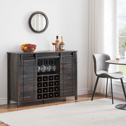 IDEALHOUSE Wine Bar Cabinet,Coffee Bar Cabinet,Farmhouse Liquor Station,Rustic Buffet Sideboard with Sliding Barn Doors,Wine & Glass Racks,Adjustable Shelves,for Living Room,Kitchen,Entryway(Fire)