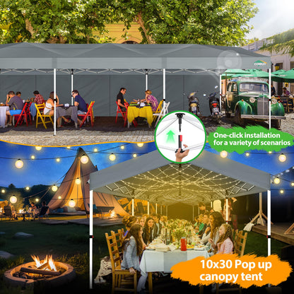 COBIZI 10x30 Party Tent with Wheeled Bag 10x30 Pop up Canopy with One-Push Setup, Outdoor Canopy with 3 Sidewalls Gazebo Event Shelter for Wedding Commercial with Sandbags,Waterproof & UPF50+, Grey