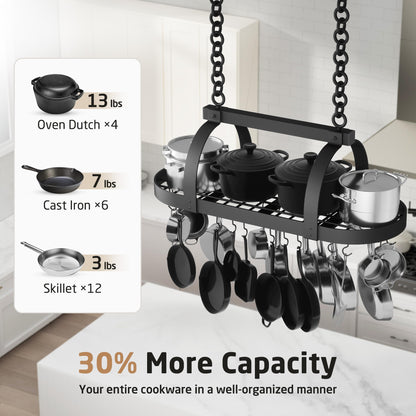 KES 48 Inch Large Hanging Pot Rack, Heavy Duty Oval Pot and Pan Hanging Rack Ceiling Mount, Pot Pan Hangers for Kitchen with 20 Hooks, Matte Black, (For 16" and 24" Joist Mount), KUR225S122-BK