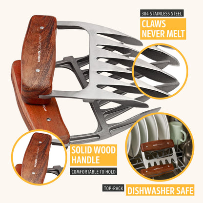 Premium 18/8 Stainless Steel Meat Shredder Claws with Wooden Handles – Effortlessly Shred, Pull & Serve Pork, Turkey, Chicken & Brisket – Perfect BBQ Gift Idea